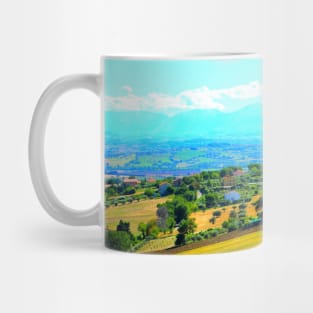 View from Morrovalle at a Marche hilly landscape with fields, trees and houses Mug